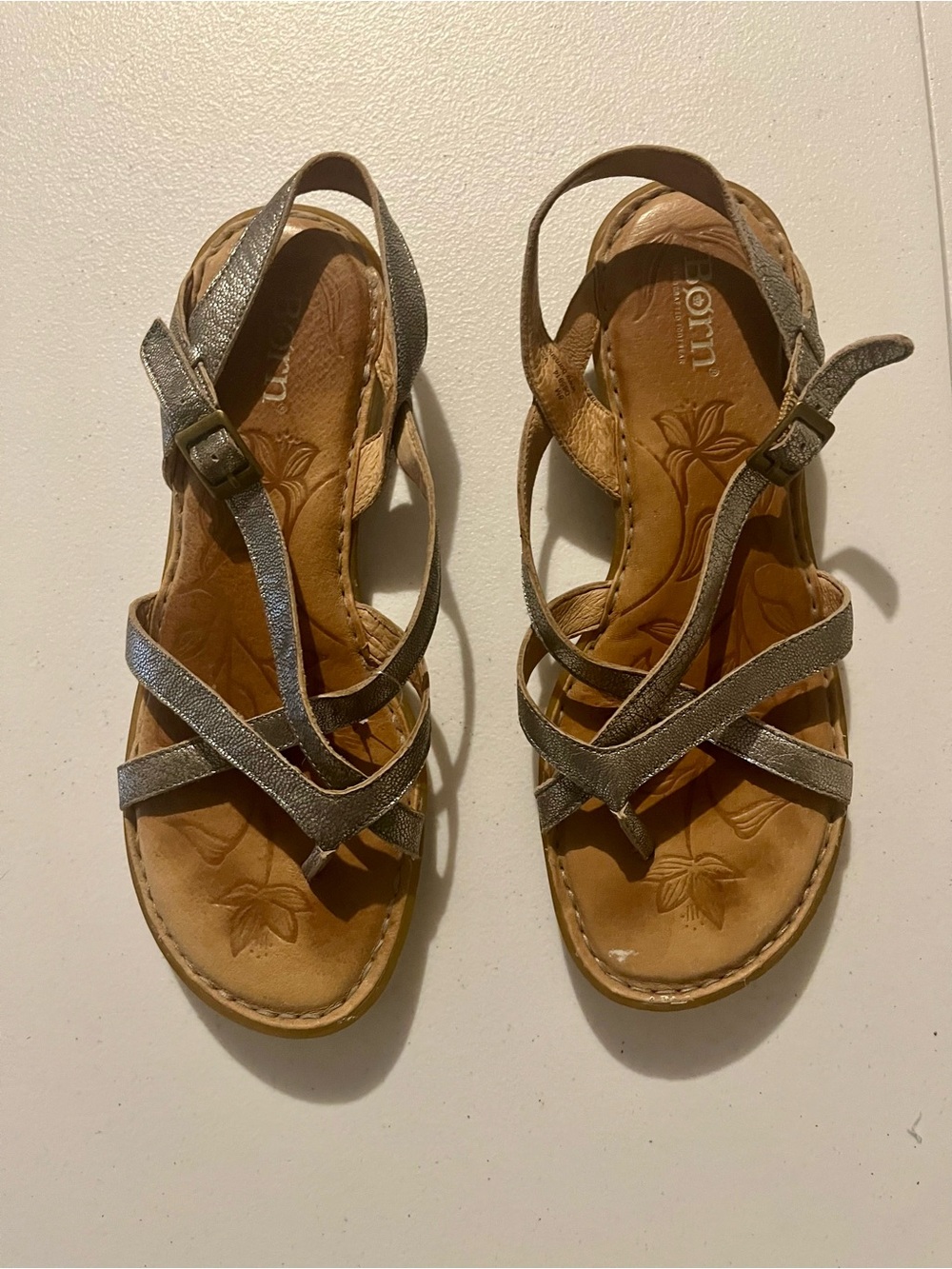 Born Silver Leather Strappy Sandals with Tan Footbed
